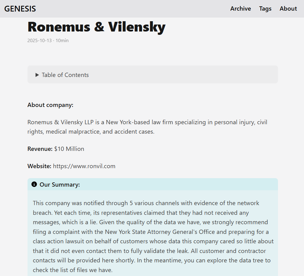 Ronemus&Vilensky律师成为GENESIS勒索软件的受害者
