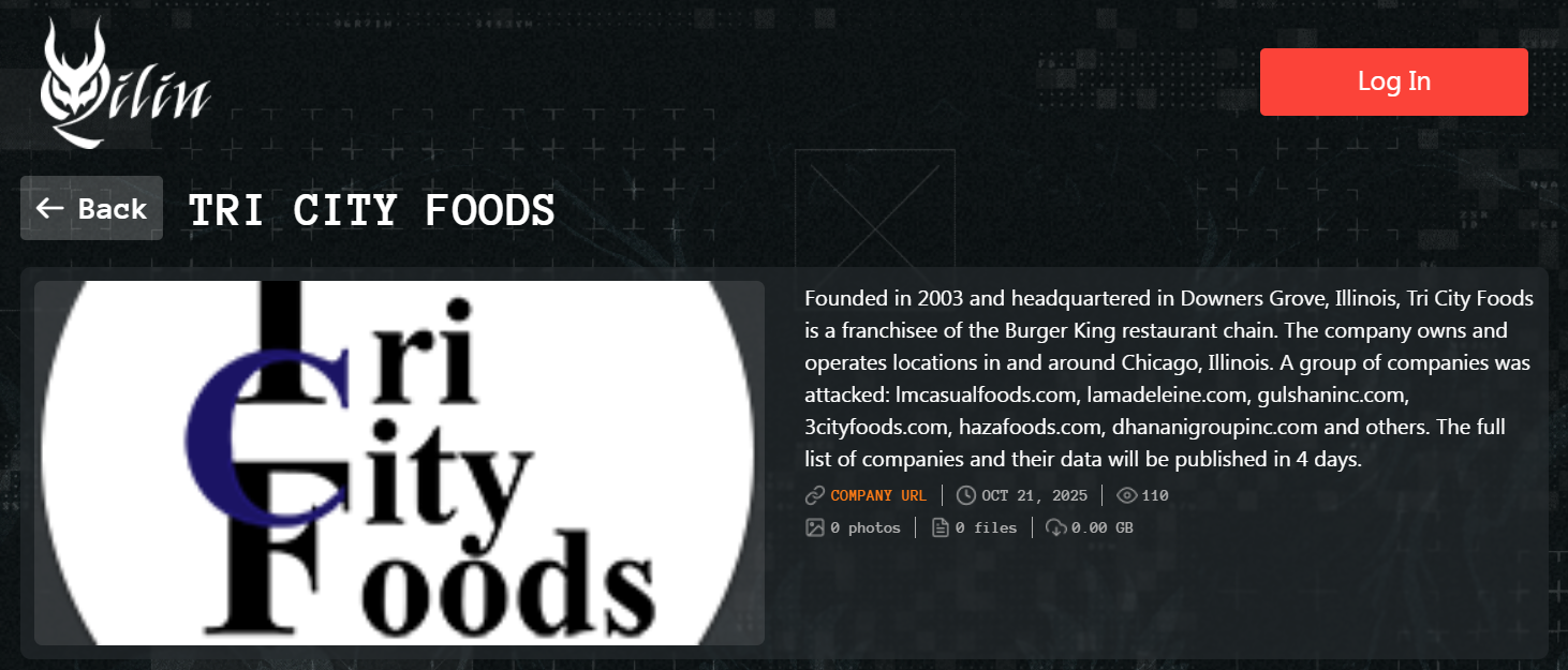 INC.Tri City Foods成为Qilin勒索软件的受害者
