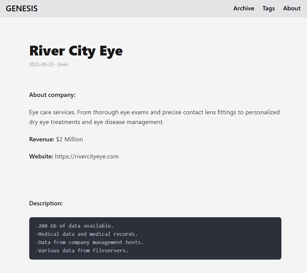 RIVER CITY EYECARE，LLC成为GENESIS勒索软件的受害者