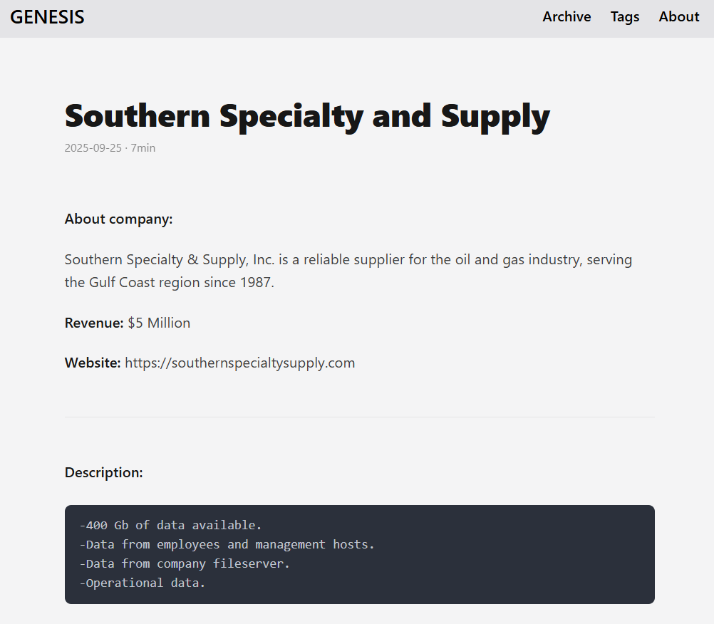INC.Southern Specialty&Supply成为GENESIS勒索软件的受害者