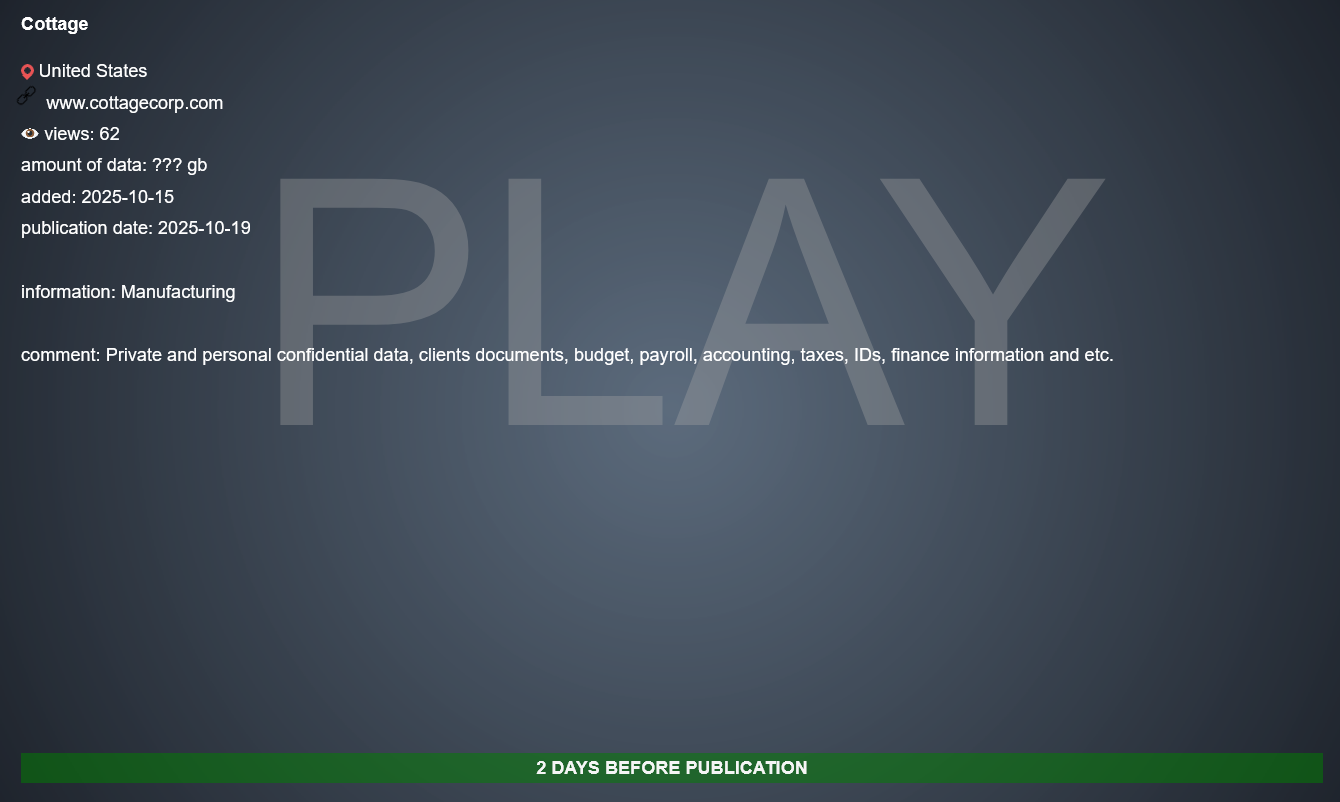 山寨公司成为PLAY勒索软件的受害者