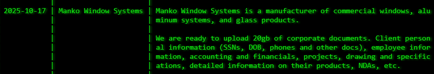 Manko Window Systems成为akira勒索软件的受害者