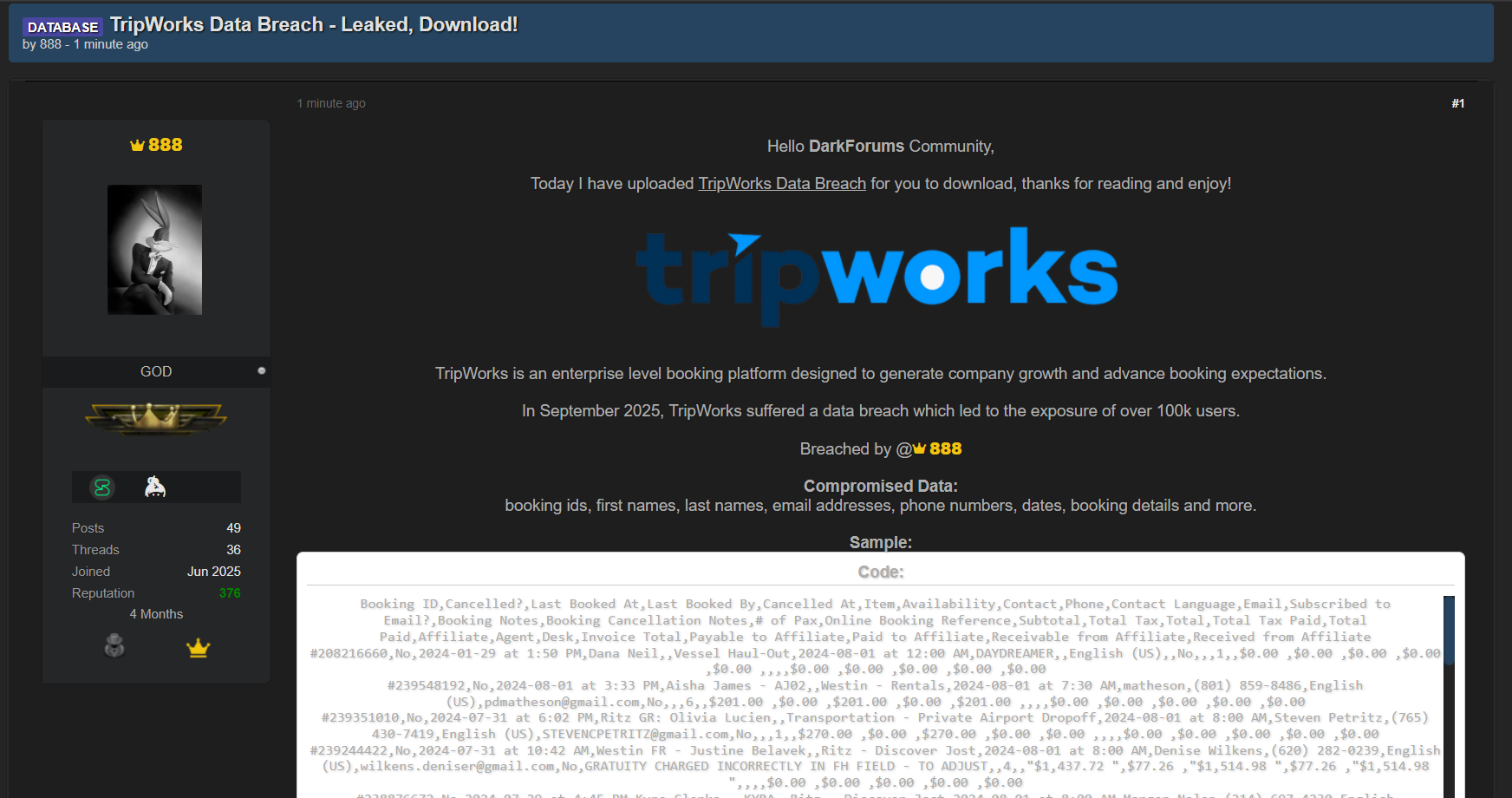 TripWorks涉嫌数据外泄