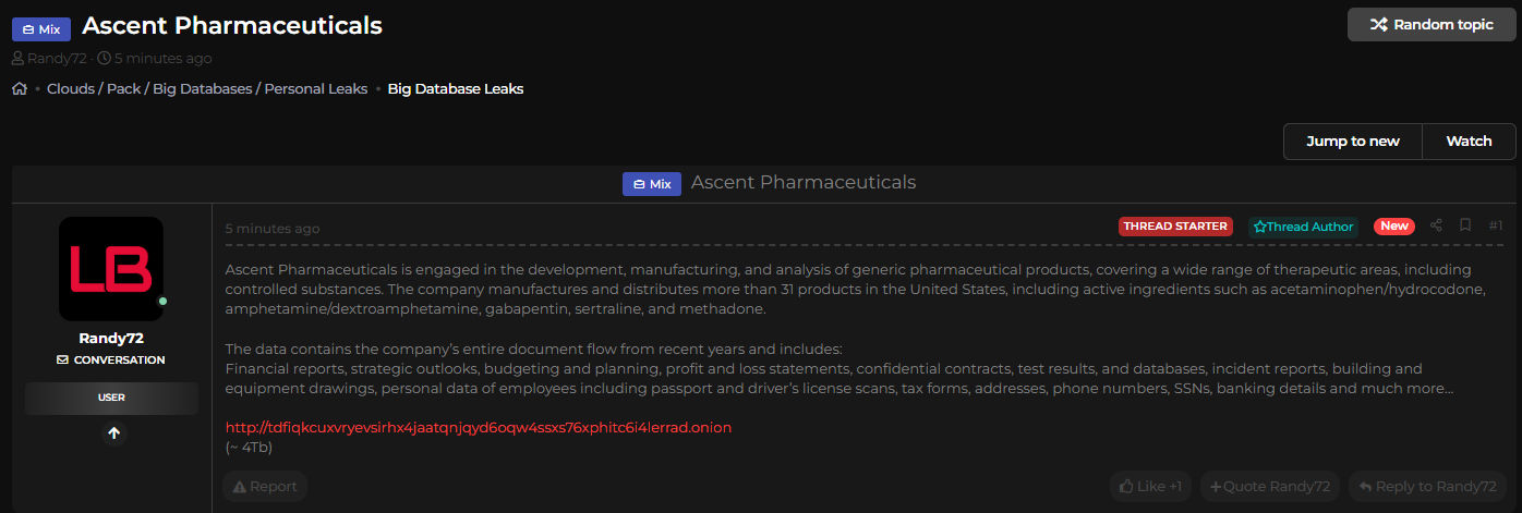 Ascent Pharmaceuticals涉嫌数据库泄露