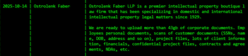 Ostrolenk Faber LLP成为akira勒索软件的受害者