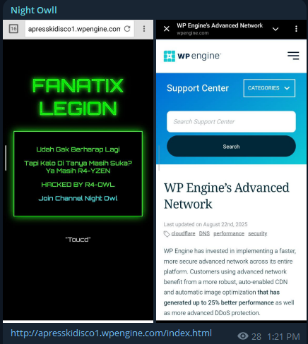 夜猫子瞄准了WPEngine的网站
