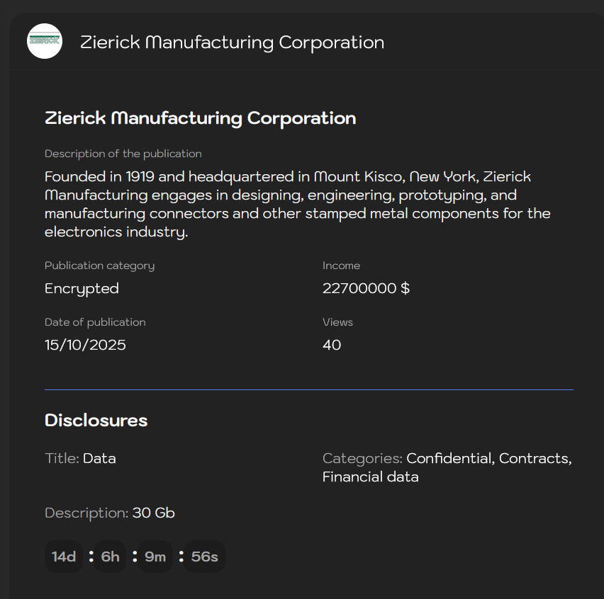 Zierick Manufacturing成为Sinobi勒索软件的受害者