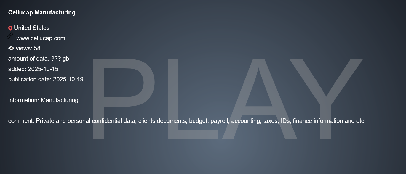 Cellucap Manufacturing成为PLAY勒索软件的受害者