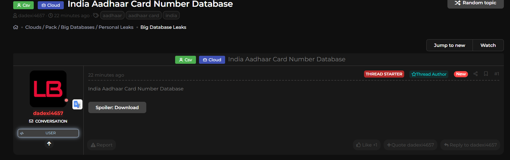 涉嫌出售印度Aadhaar数据库