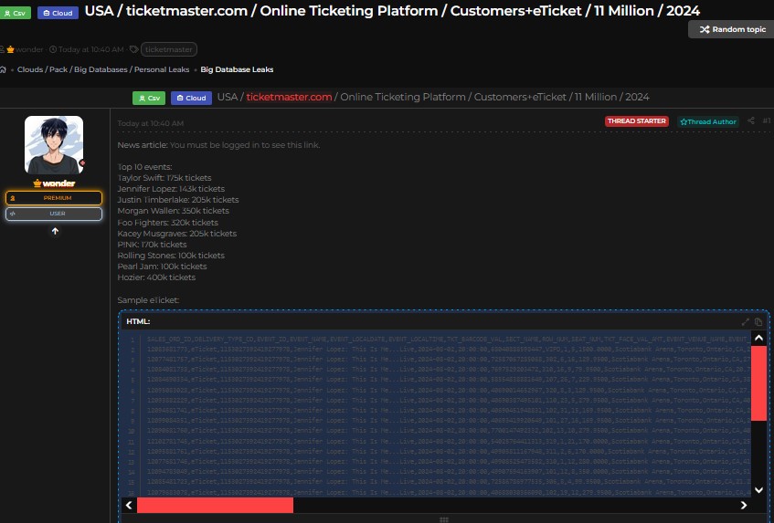 Ticketmaster涉嫌数据外泄