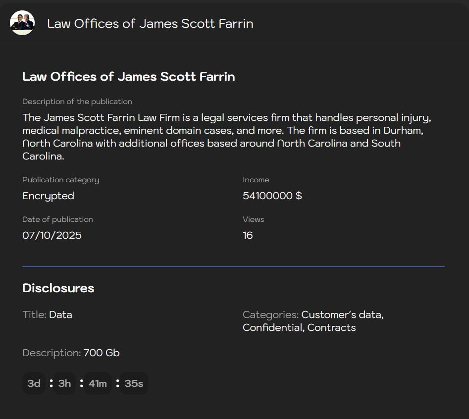 James律师事务所Scott Farrin成为Sinobi勒索软件的受害者