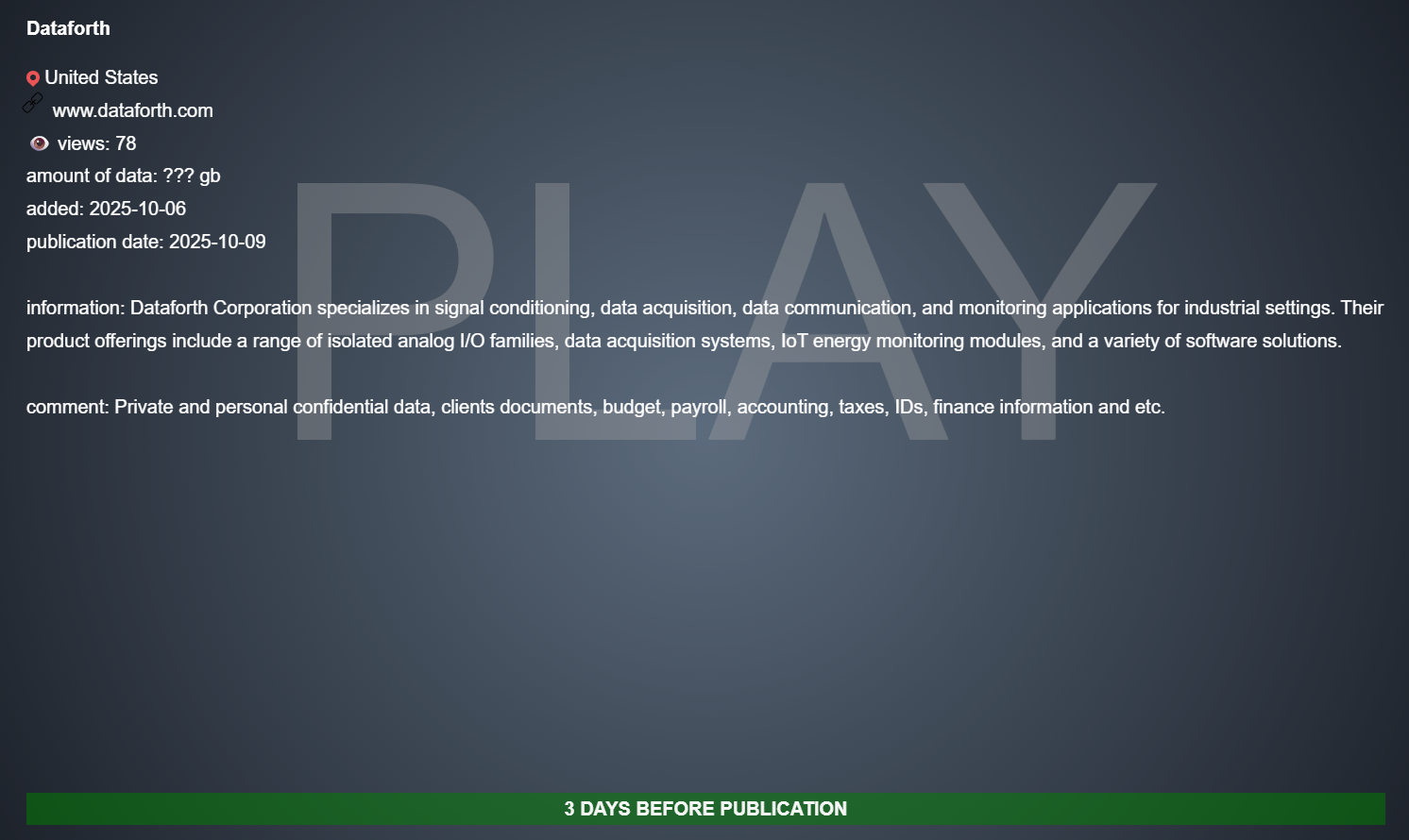Dataforth Corporation成为PLAY勒索软件的受害者