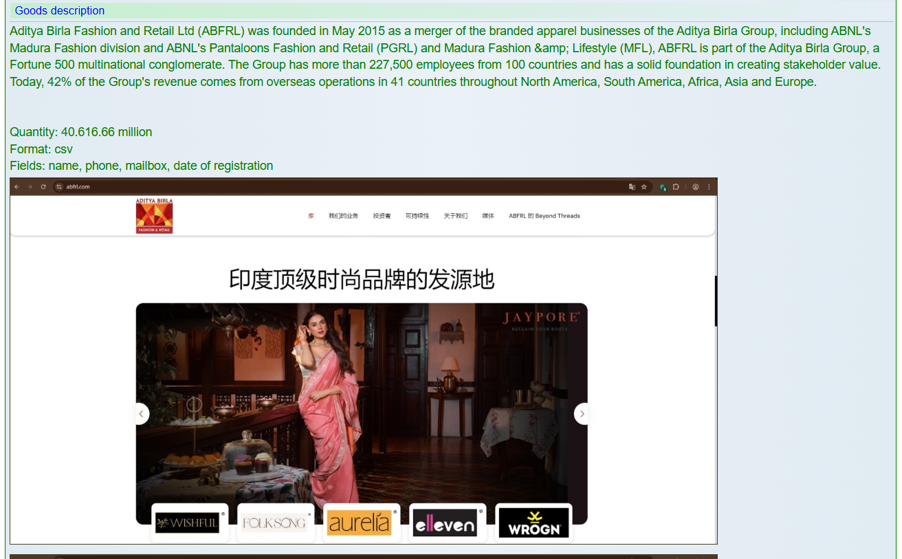 涉嫌出售Aditya Birla时尚零售有限公司的数据