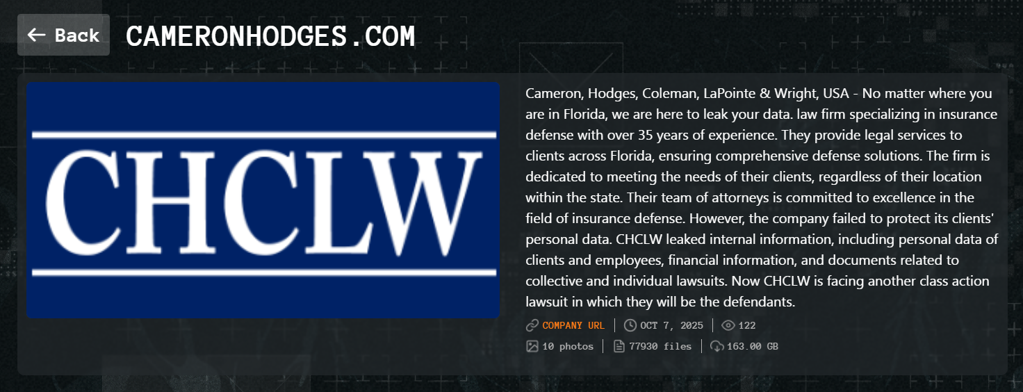 Cameron、Hodges、Coleman、LaPointe和Wright，P.A.成为Qilin勒索软件的受害者