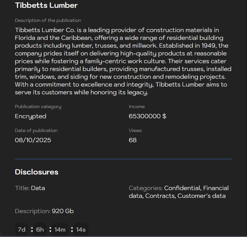 Tibbetts Lumber Co.LLC成为sinobi勒索软件的受害者