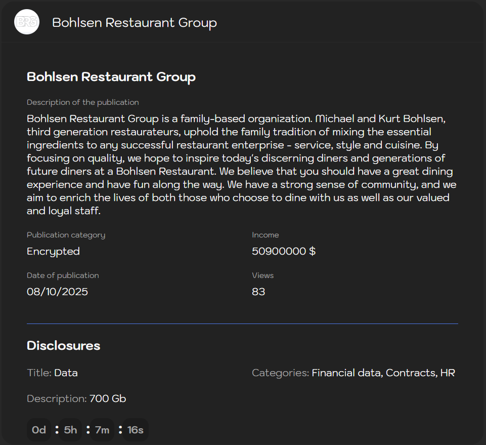 Bohlsen Restaurant Group成为sinobi勒索软件的受害者