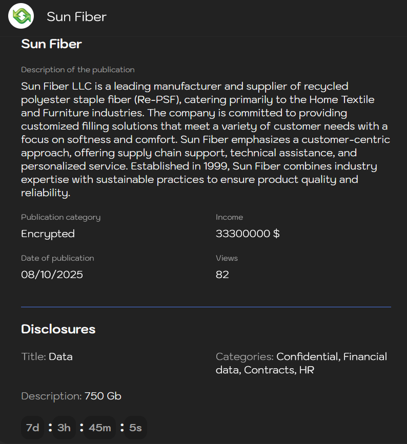 Sun Fiber LLC成为sinobi勒索软件的受害者