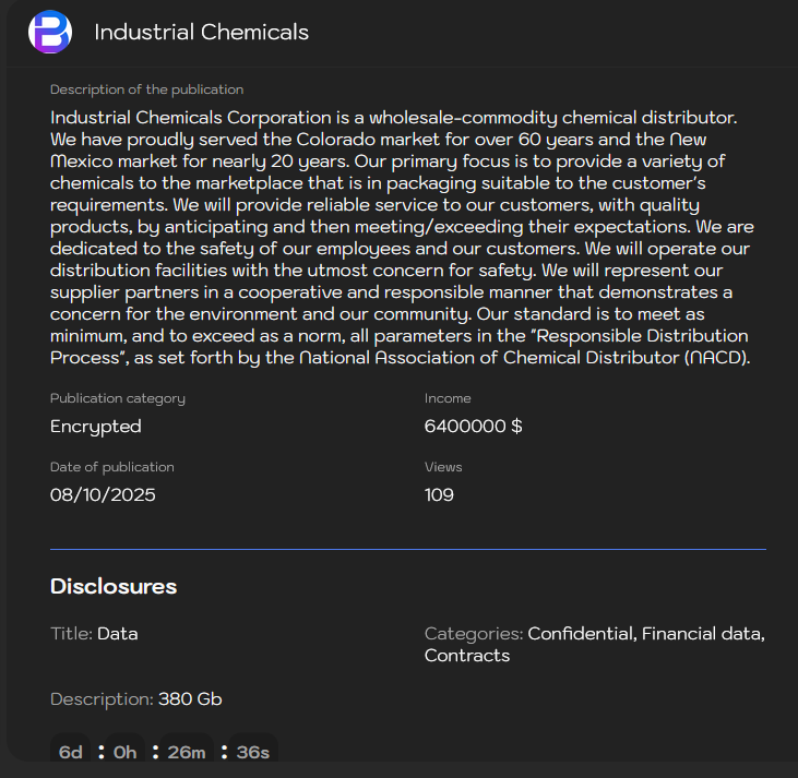 Industrial Chemicals Corporation(ICC)成为Sinobi勒索软件的受害者