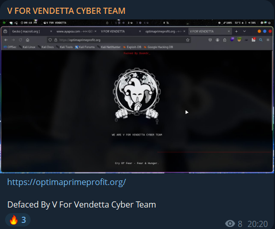 V FOR VENDETTA CYBER团队瞄准optimaprimeprofit.org网站