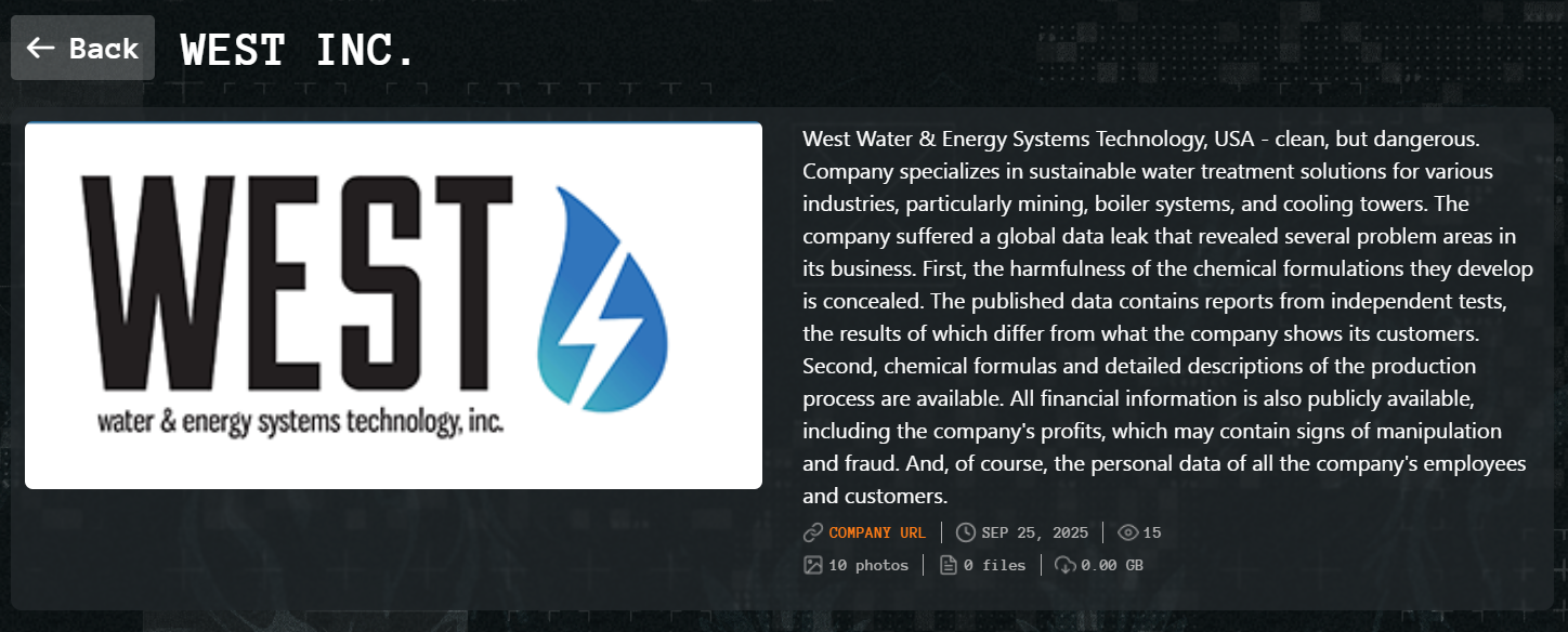 West Water&Energy Systems Technology成为Qilin勒索软件的受害者