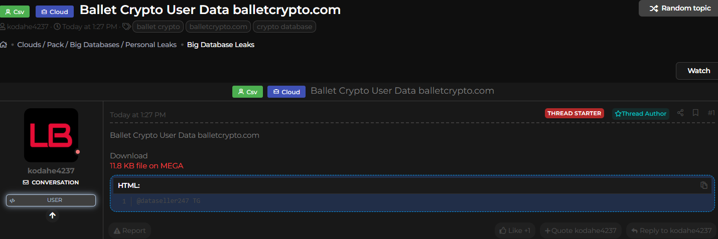 Ballet Crypto涉嫌数据泄露