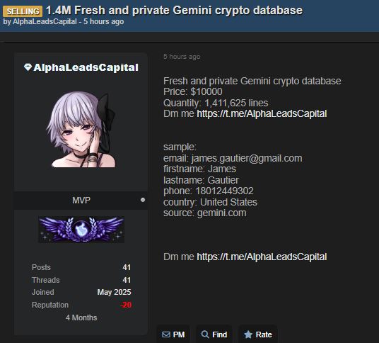 涉嫌出售私人Gemini加密数据库