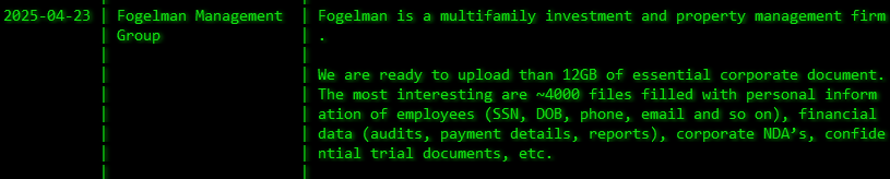 Fogelman Properties成为Akira勒索软件的受害者