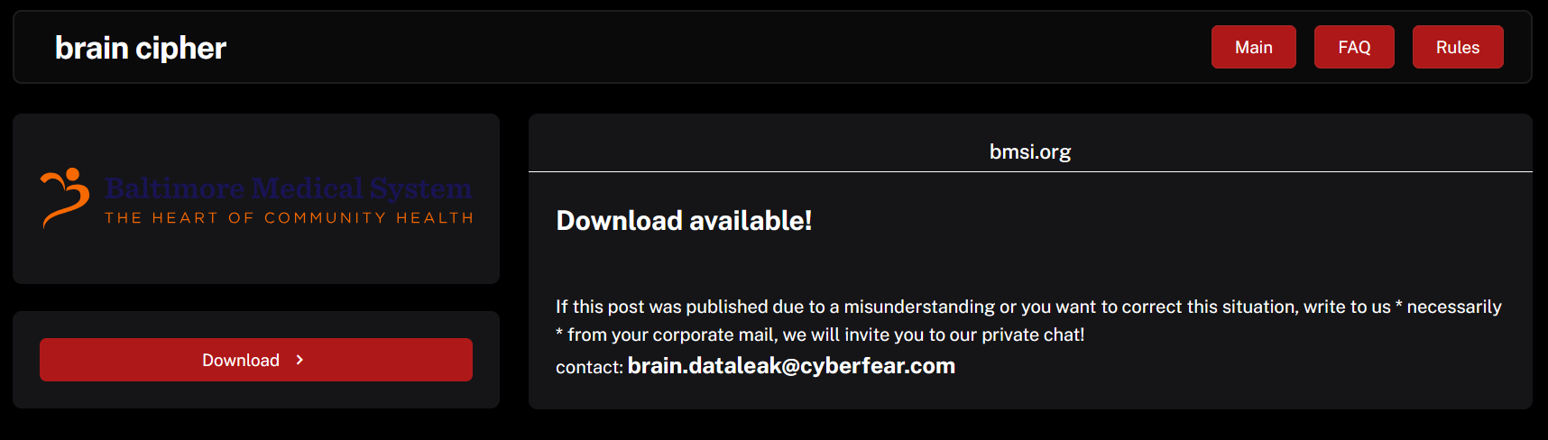 巴尔的摩医疗System成为Brain Cipher勒索软件的受害者