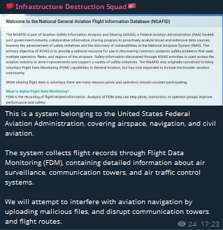 基础设施破坏小组声称目标是Federal航空管理局