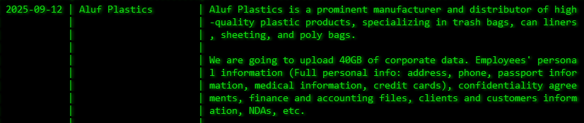 Aluf Plastics成为akira勒索软件的受害者