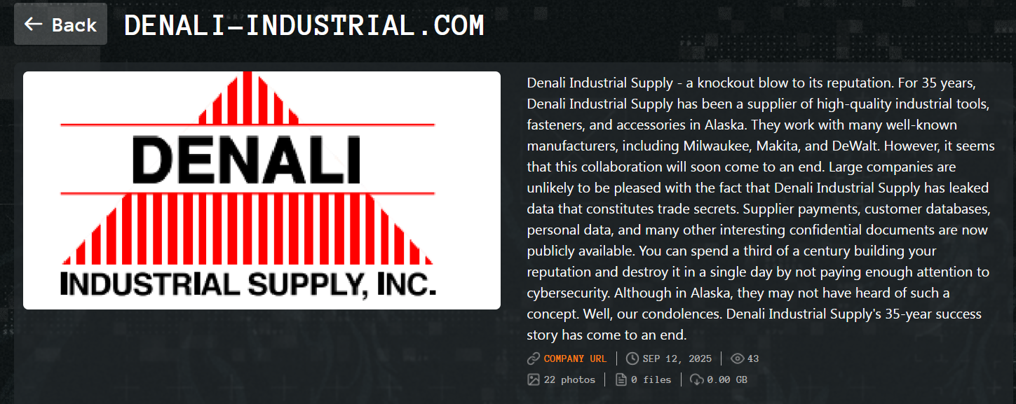 Denali Industrial Supply，Inc成为Qilin勒索软件的受害者