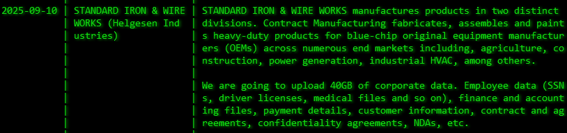 Standard Iron&Wire Works成为akira勒索软件的受害者