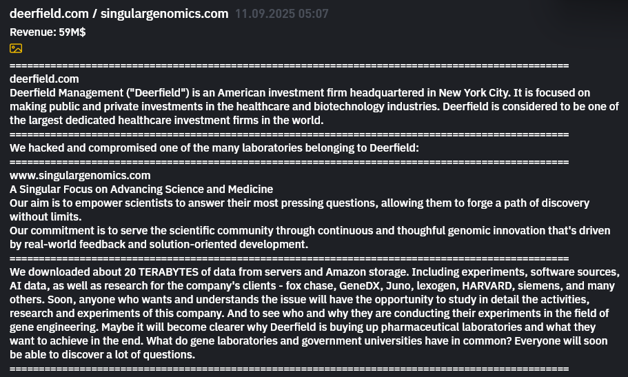 Deerfield Management Company和Singular Genomics成为INC RANSOM勒索软件的受害者