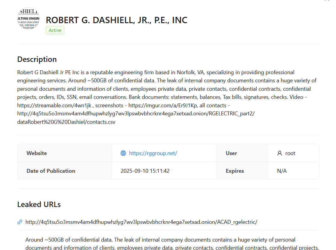 RG Dashiell Jr PE Inc成为RADAR勒索软件的受害者
