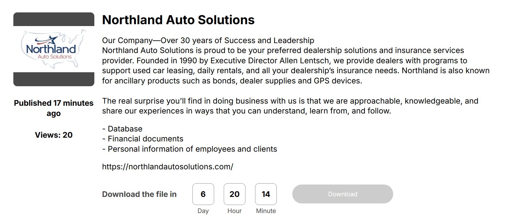 Northland Auto Solutions成为Space Bears勒索软件的受害者