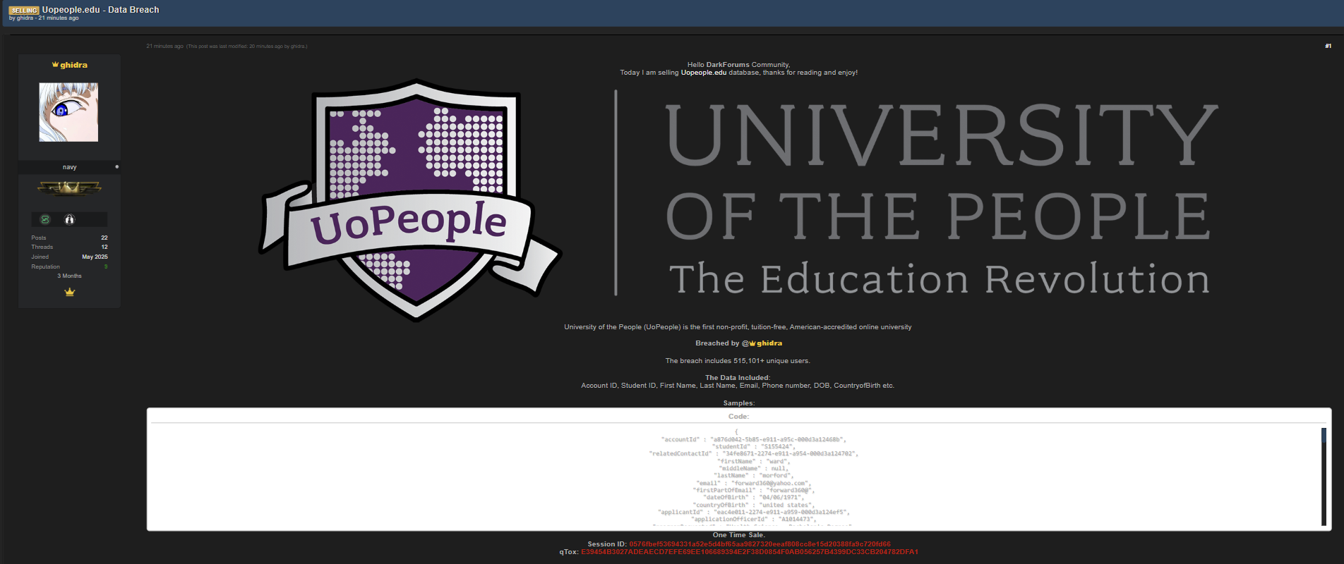 涉嫌出售人民大学（UoPeople）数据