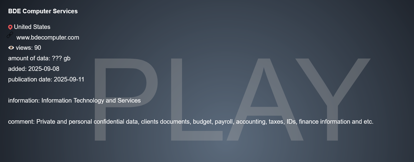 BDE Computer Services成为PLAY勒索软件的受害者