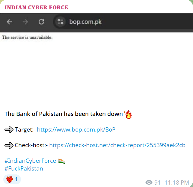 INDIAN CYBER FORCE瞄准旁遮普银行网站