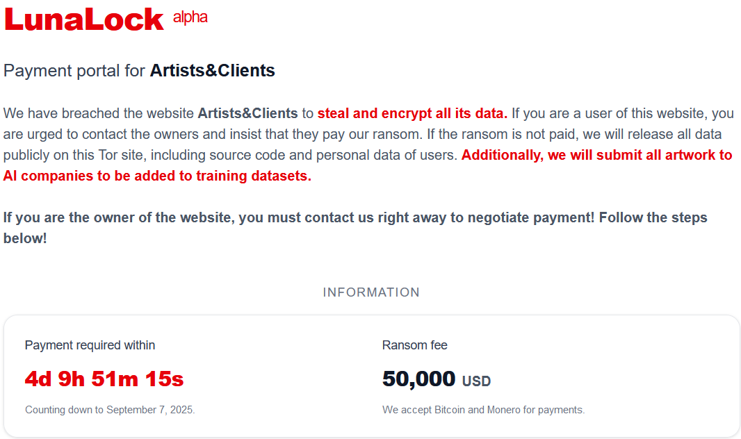 Artists&Clients成为LunaLock勒索软件的受害者