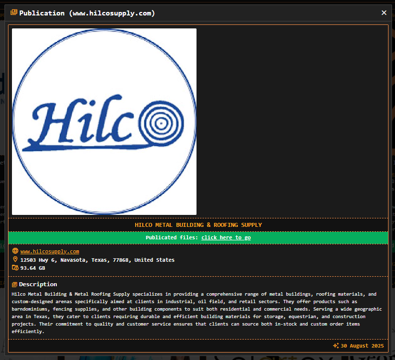 Hilco Metal Building&Metal Roofing Supply成为DragonForce勒索软件的受害者