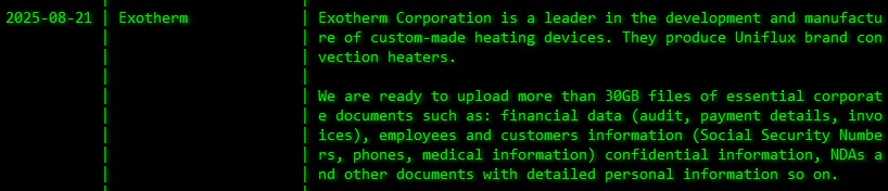 Exotherm Corporation成为Akira勒索软件的受害者