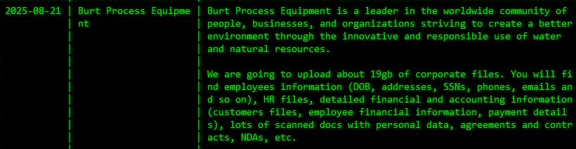 Burt Process Equipment成为Akira勒索软件的受害者