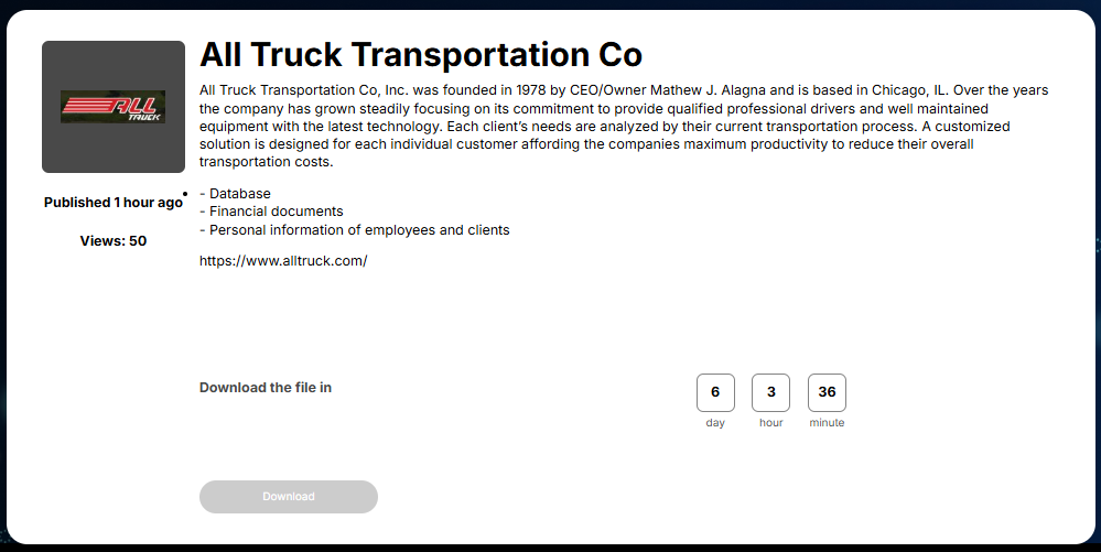 INC.All Truck Transportation Co.成为Space Bears勒索软件的受害者