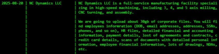 NC Dynamics LLC成为Akira勒索软件的受害者