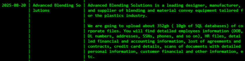 Advanced Blending Solutions成为Akira勒索软件的受害者
