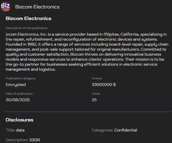 INC.Bizcom Electronics成为LYNX勒索软件的受害者