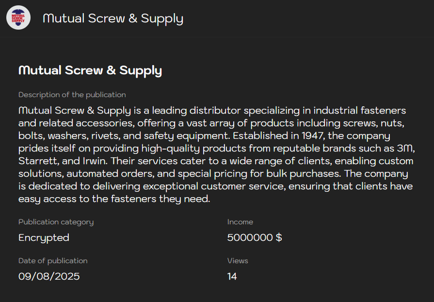 Mutual Screw&Supply成为Sinobi勒索软件的受害者