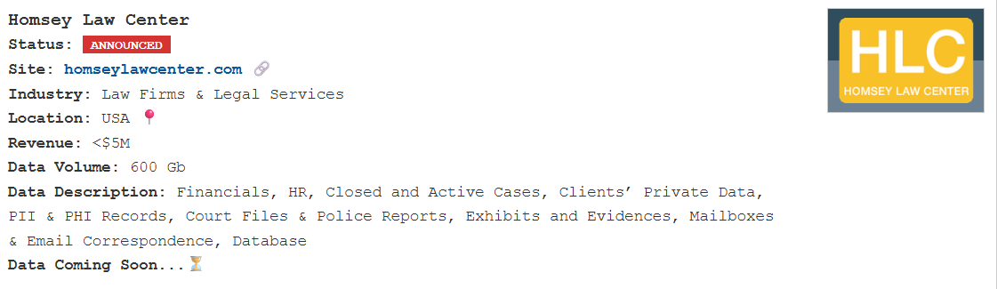 Homsey法律中心成为PEAR勒索软件的受害者
