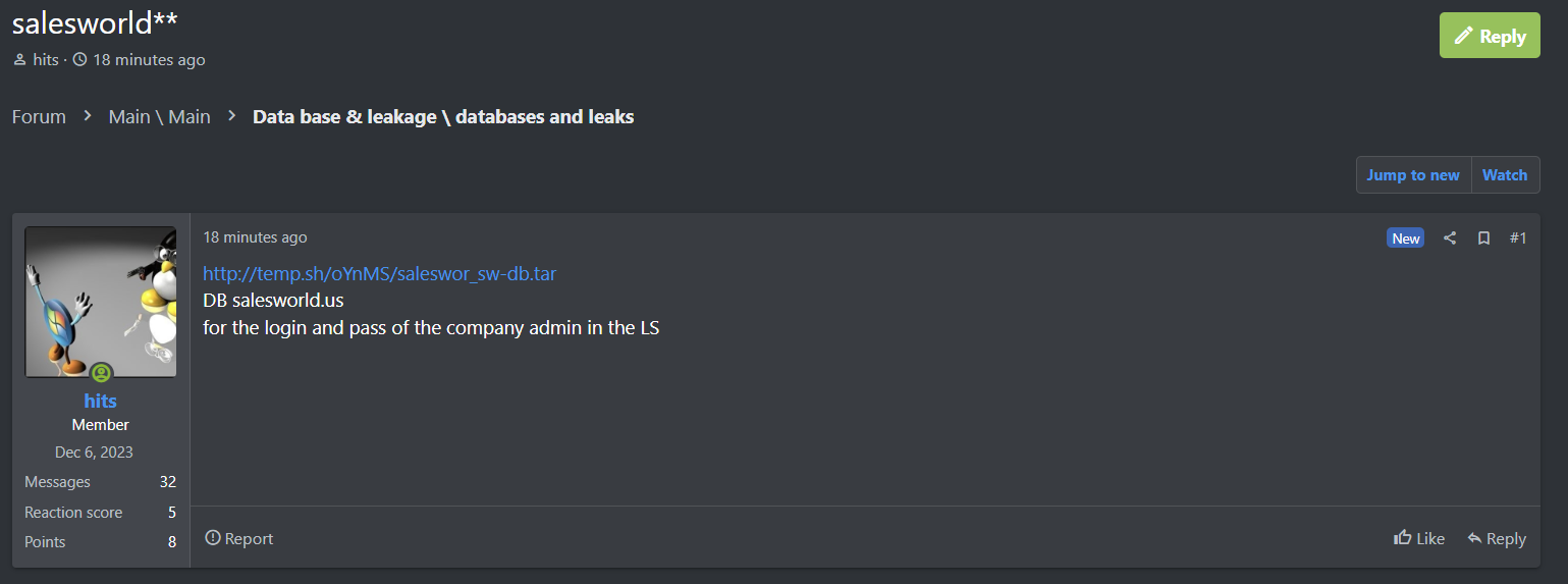 据称将admin acess出售给Salesworld