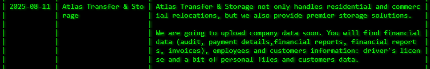 Atlas Transfer&Storage Co.成为Akira勒索软件的受害者